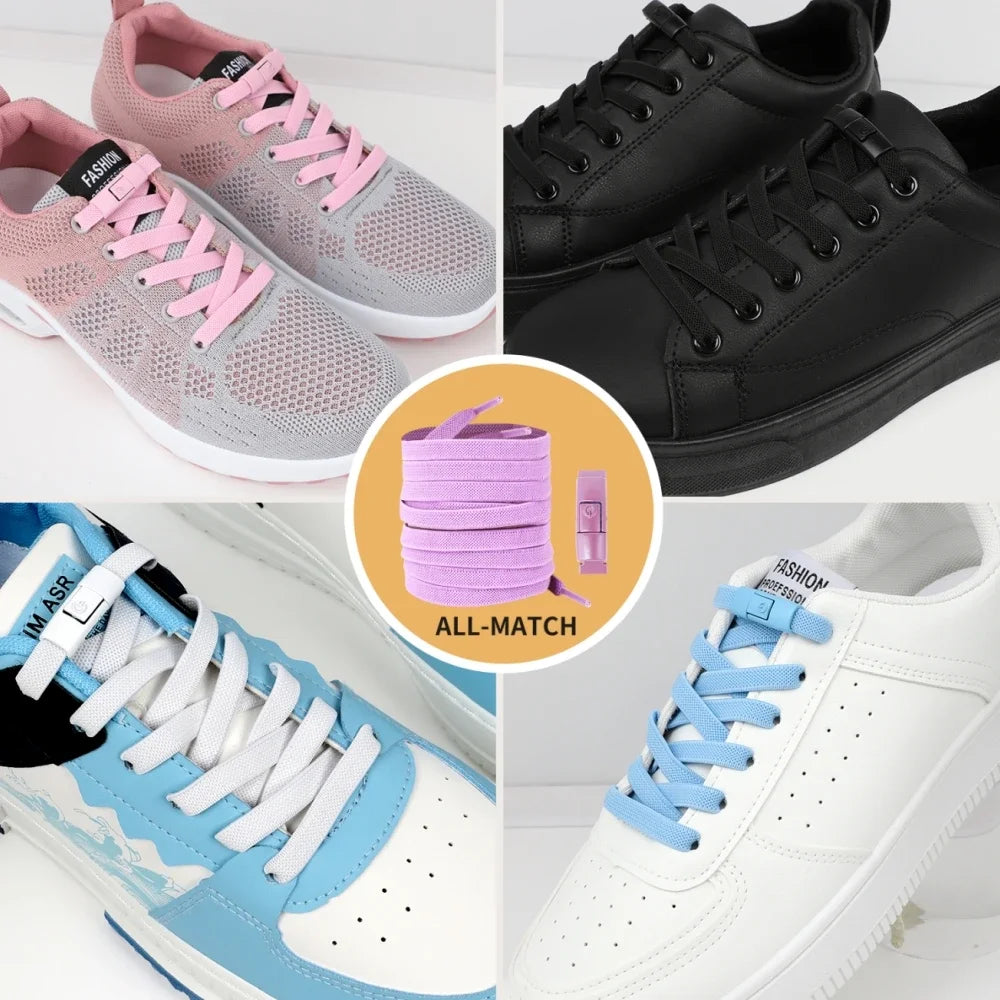 New Without Ties Elastic Laces No Tie Shoe Laces Press Lock Shoelaces Sneaker Kids Adult 8MM Widened Flat Shoelace for Shoes - Vaxicy