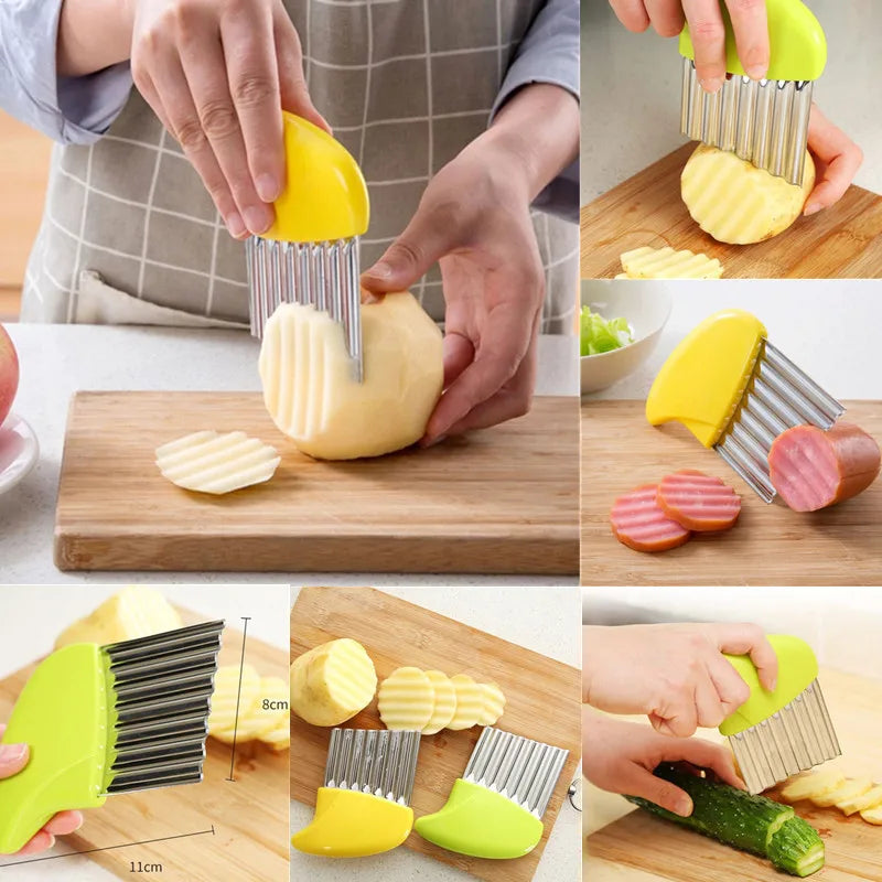 Stainless Steel Potato Chip Slicer - Crinkle Wavy Slicer Knife for Dough, Vegetables, Fruits, and French Fries - Vaxicy