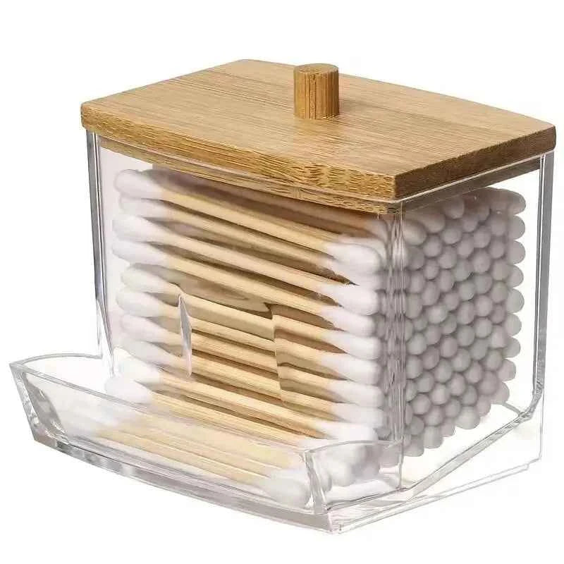 Cotton Swab Storage Box with Bamboo Cover - Transparent Square Container for Cotton Buds and Toothpicks