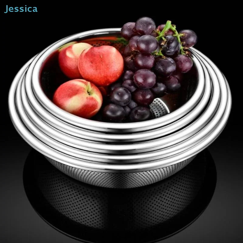 ♥Stainless Steel Colander - Food-Grade Perforated Strainer for Washing Rice/Vegetables/Fruits, Durable Kitchen Drain Basket - Vaxicy