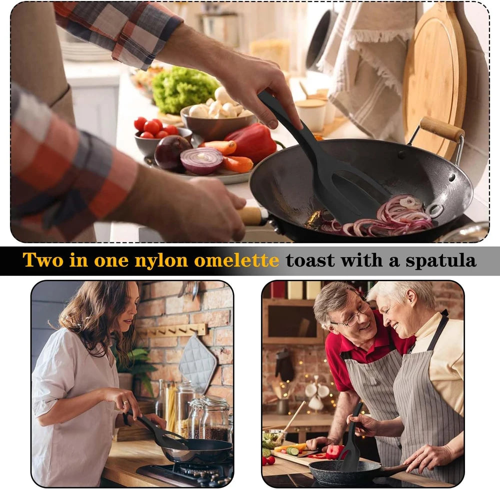 2 in 1 Spatula Tongs for Easy Cooking - Non-Stick Nylon Egg Flipper, Pancake, Fish, French Toast, and Omelet Tool - Vaxicy