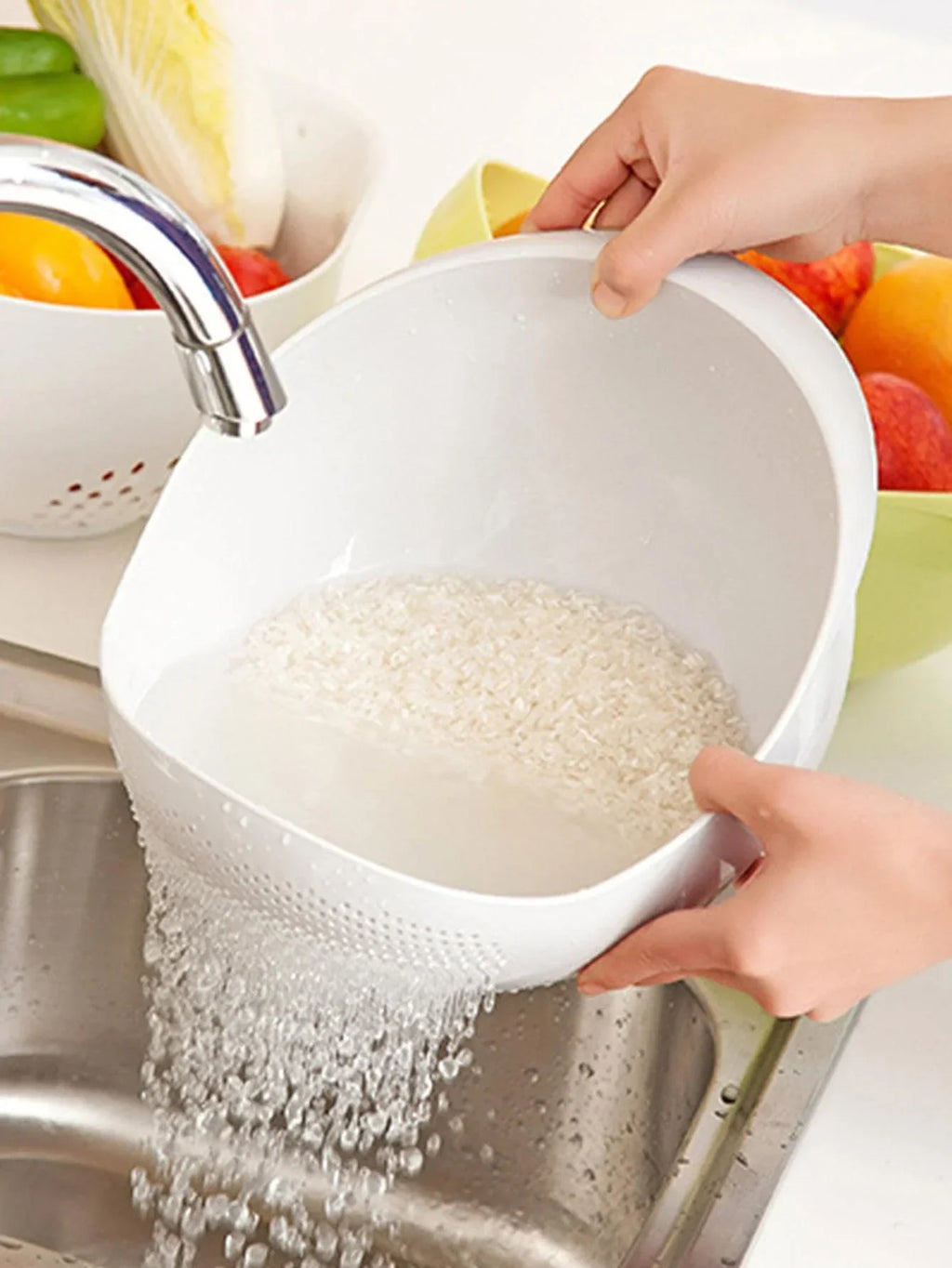 Silicone Colander Drain Basket with Handle - 1PC Rice and Fruit Washing Bowl for Home Kitchen Organizer