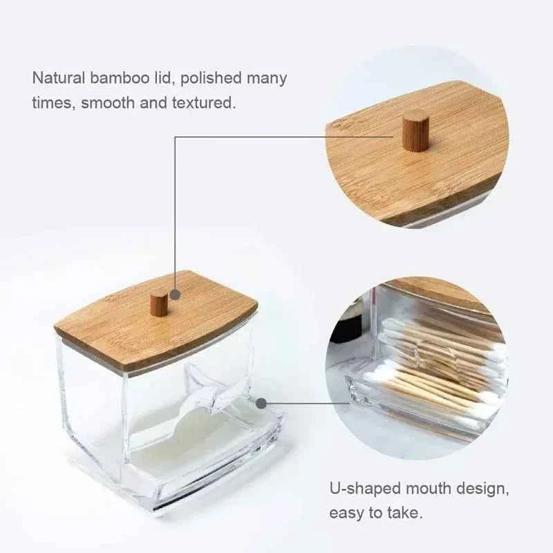 Cotton Swab Storage Box with Bamboo Cover - Transparent Square Container for Cotton Buds and Toothpicks