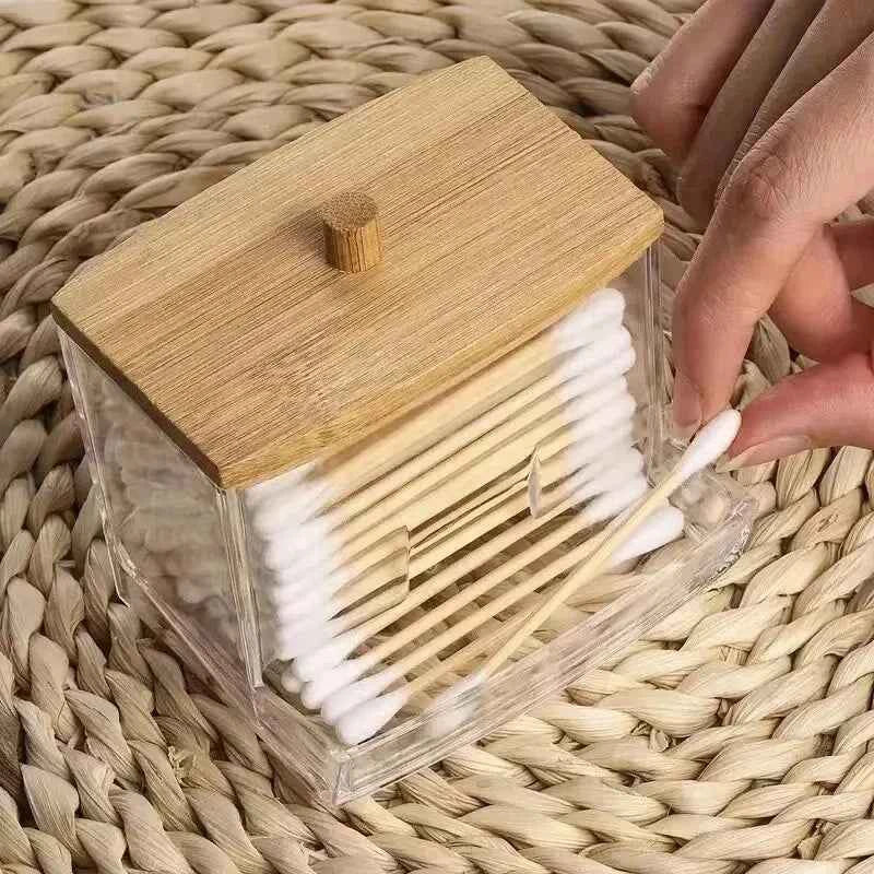 Cotton Swab Storage Box with Bamboo Cover - Transparent Square Container for Cotton Buds and Toothpicks